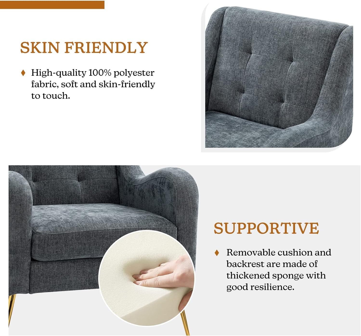 Upholstered Armchairs Set with Removable Cushion Tufted Single Sofa Accent Chairs Golden Leg Home Living Room Bedroom Office Navy