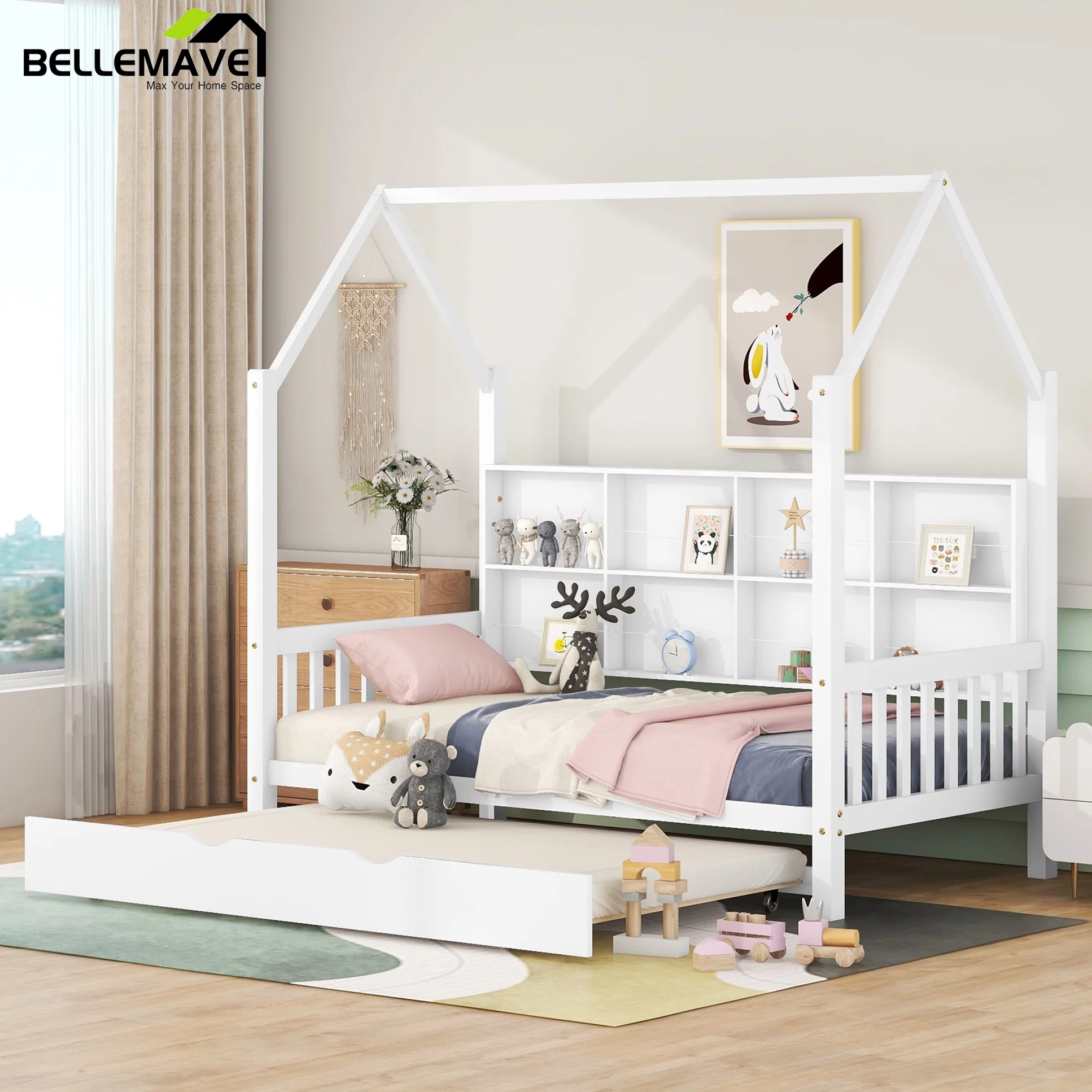 Bellemave Twin Size House Bed with Trundle and Storage Shelves,Solid Wood Playhouse Bed with Roof,Montessori Platform Bed Frame for Kids, Teens,Girls,Boys(Twin,White)