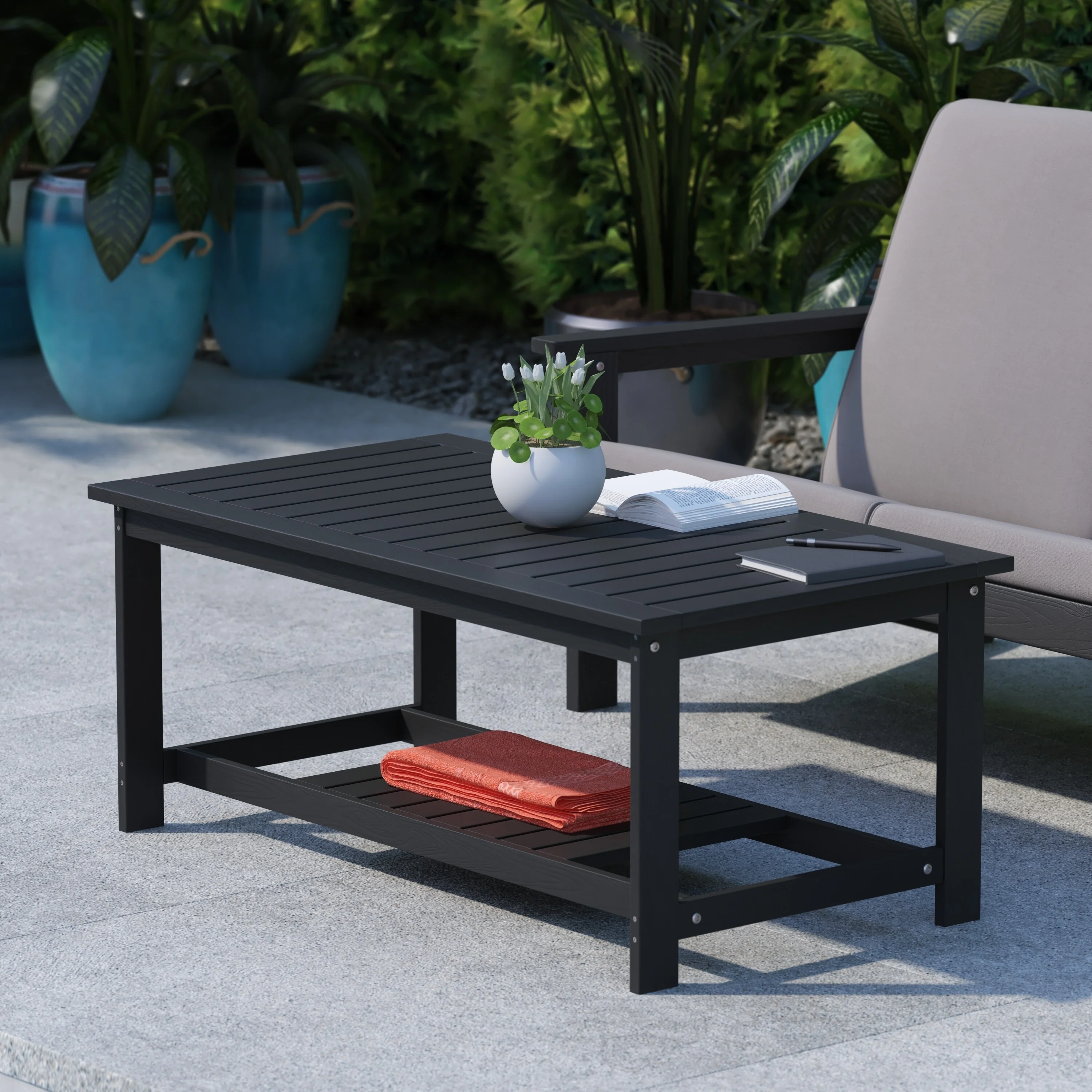 Lancaster Home Indoor/Outdoor Poly Resin 2-Tier Adirondack Coffee Table Black