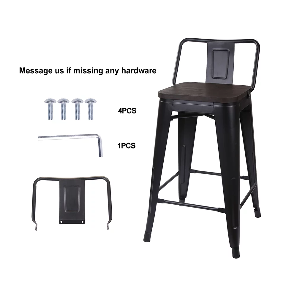 Leejay Black 24 inch Low Back Counter Height Metal Barstool with Dark Wood Seat, Set of 6