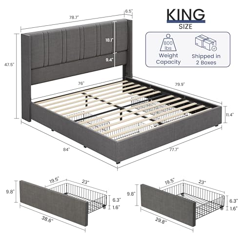 King Size Bed Frame with 4 Storage Drawers Linen Upholstered Platform Bed with Wingback Headboard, No Box Spring Needed, Easy Assembly, White
