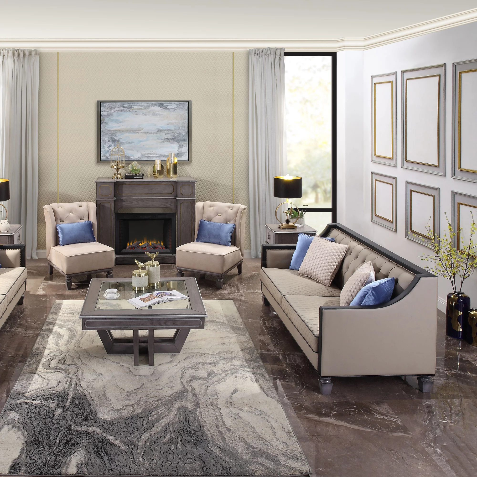 ACME House Beatrice Sofa with 4 Pillows in Tan, Black and Charcoal