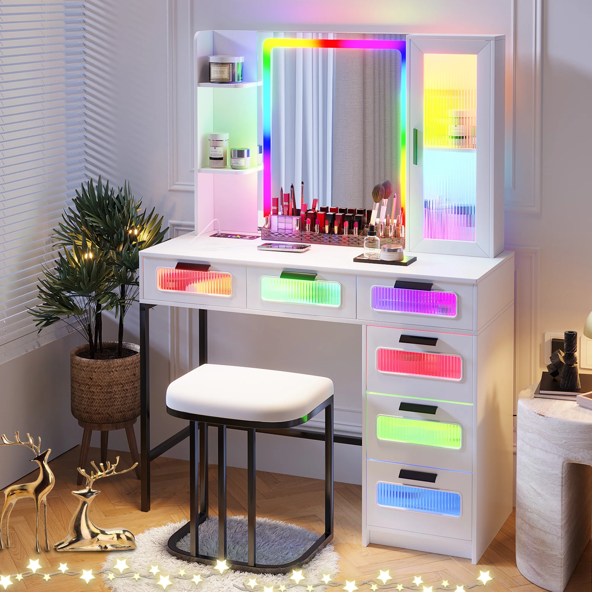 HNEBC RGB White Vanity, Makeup Vanity with Dazzling Lights and 6 Drawers, Makeup Desk with USB/Type-C/Wireless Charging, Dressing Table with Shelves/Cabins/Stool, Vanity Table as Gifts for Girls/Women