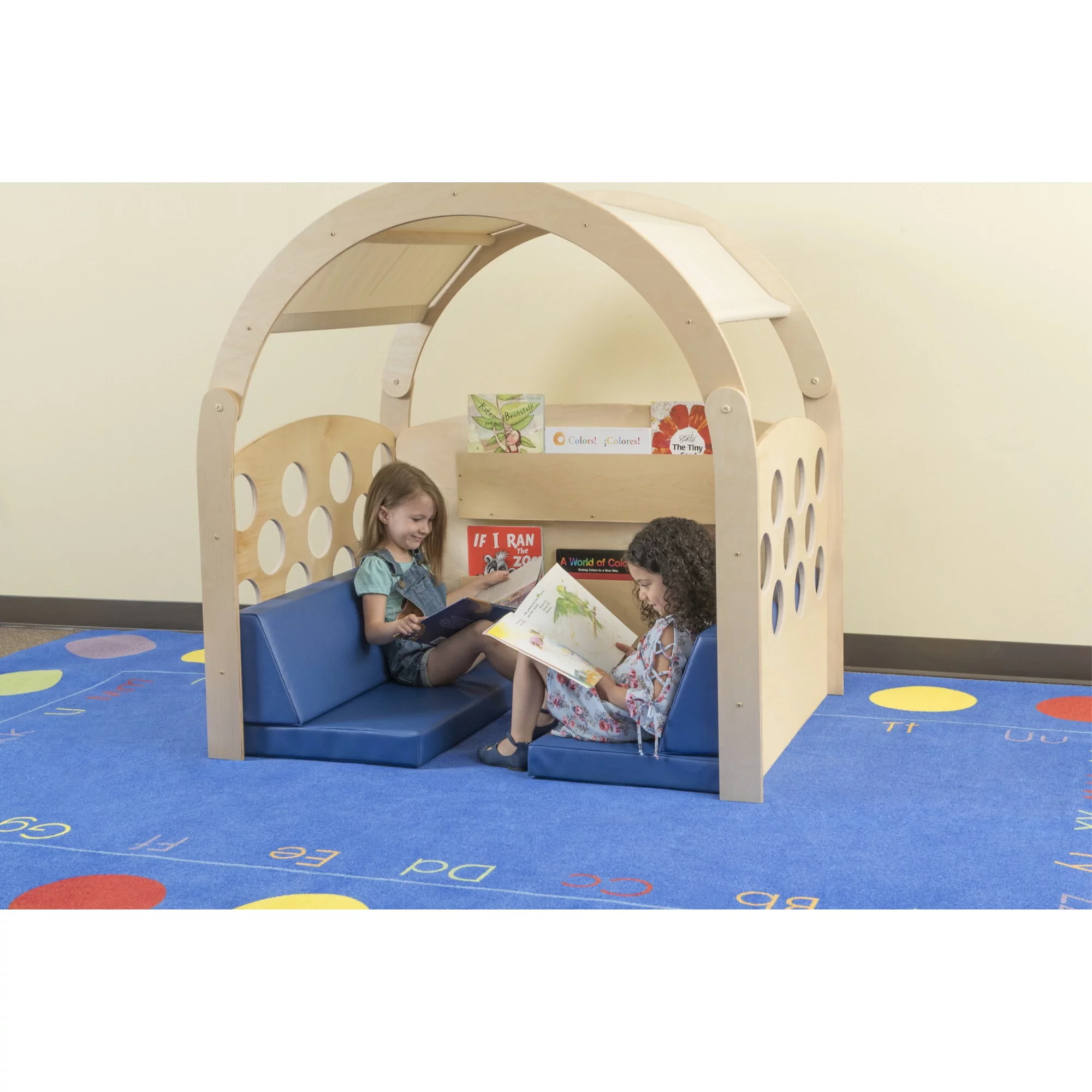 Childcraft Reading Nook, Tan/Red Canopy with Blue Cushions, 49-1/2 W x 37 D x 50 H in
