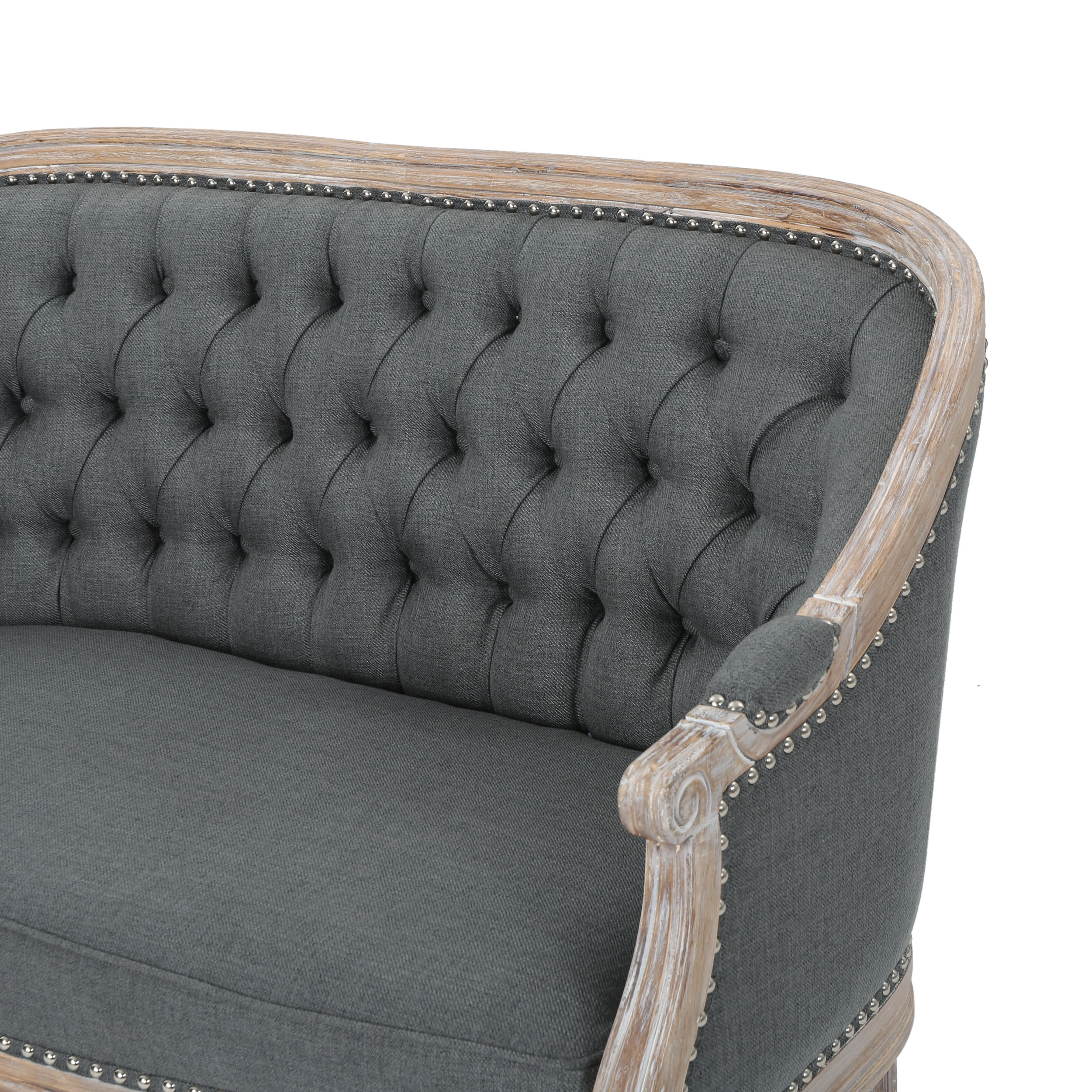Noble House Sarahbella Fabric Loveseat with Nailhead, Dark Gray