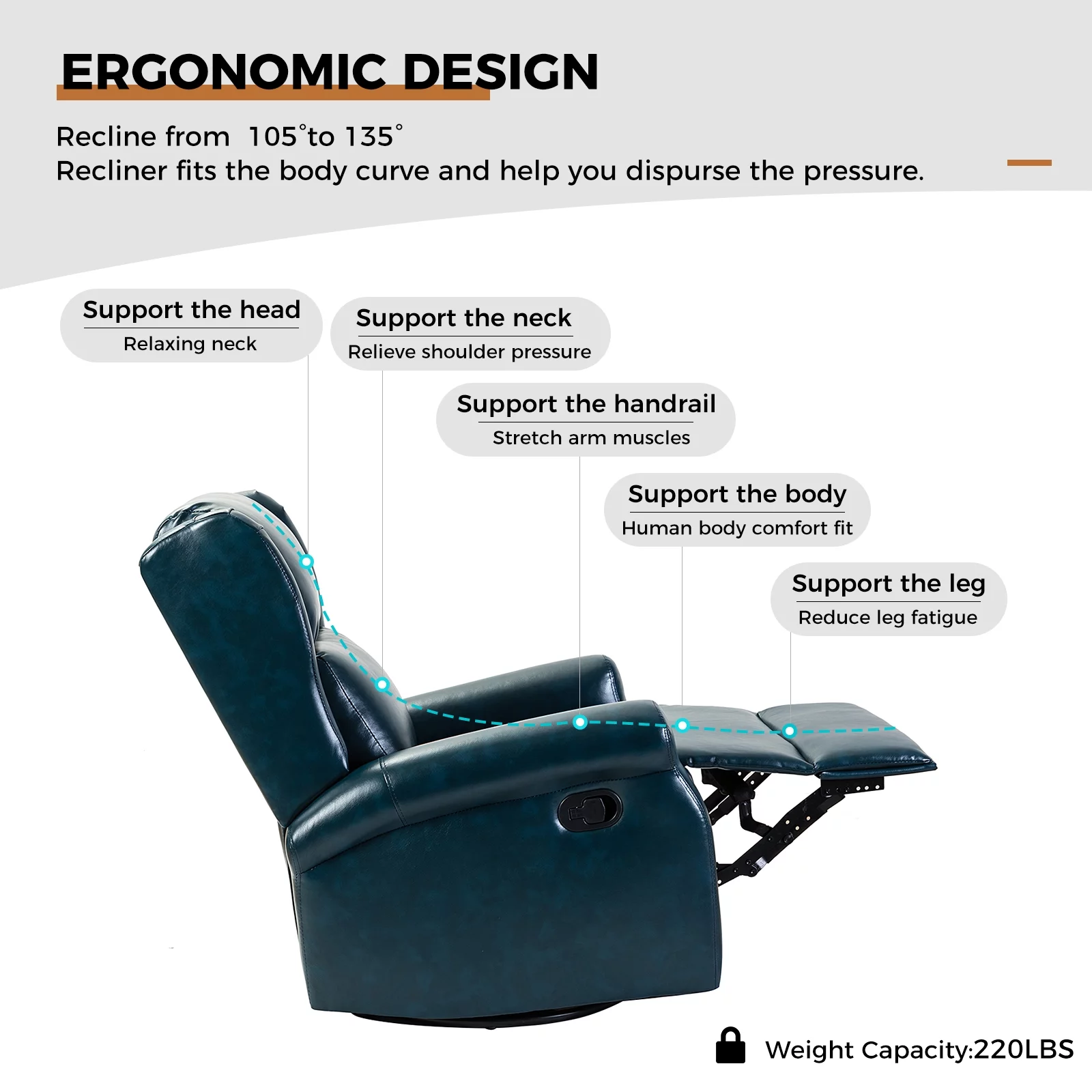 Faux Leather Recliner Manual Swivel Nursery Armchair Metal Base Wingback Home Living Room Turquoise