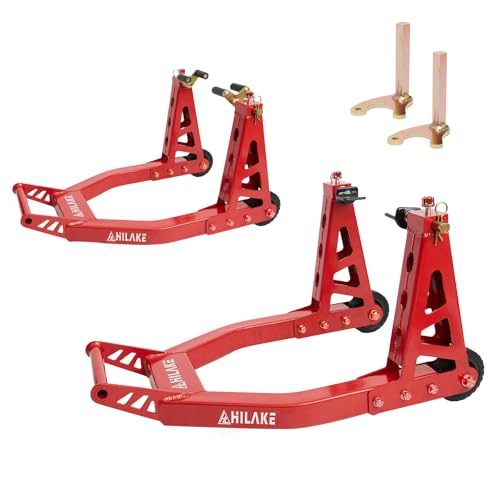 Aluminum Motorcycle Stands Front and Rear 880lbs Heavy Duty Wheel Lift Combo Swingarm Spool Peddock Stand for Yamaha Honda Kawasaki Suzuki U+L Red