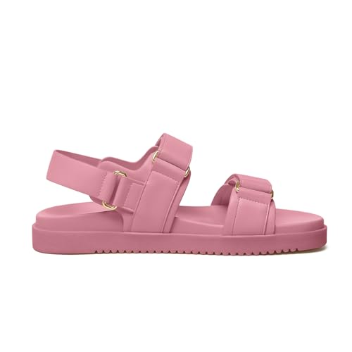 Rihero Women's Flat Sandals Comfort Adjustable Double Strap Slip on Leather Footbed Sandals