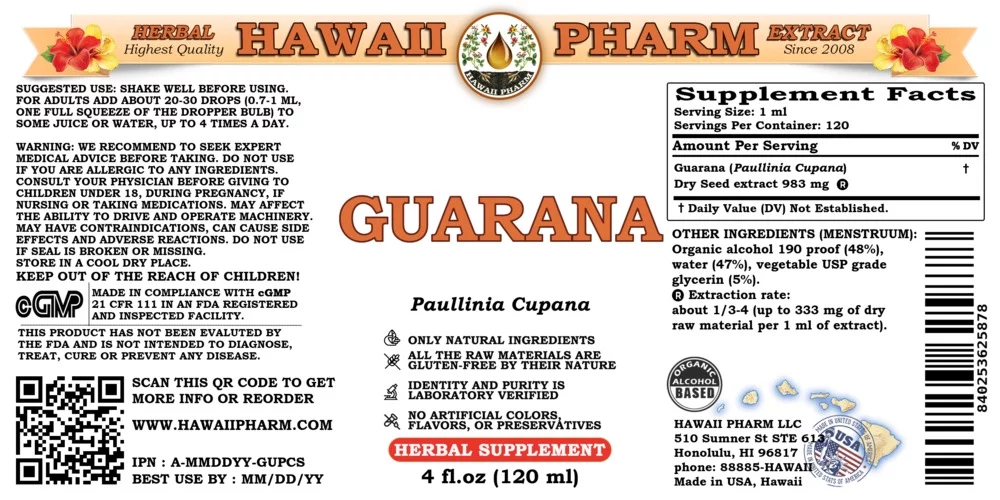 Guarana (Paullinia Cupana) Dry Seed Liquid Extract. Expertly Extracted by Trusted HawaiiPharm Brand. Absolutely Natural. Proudly made in USA. Tincture 4 Fl.Oz