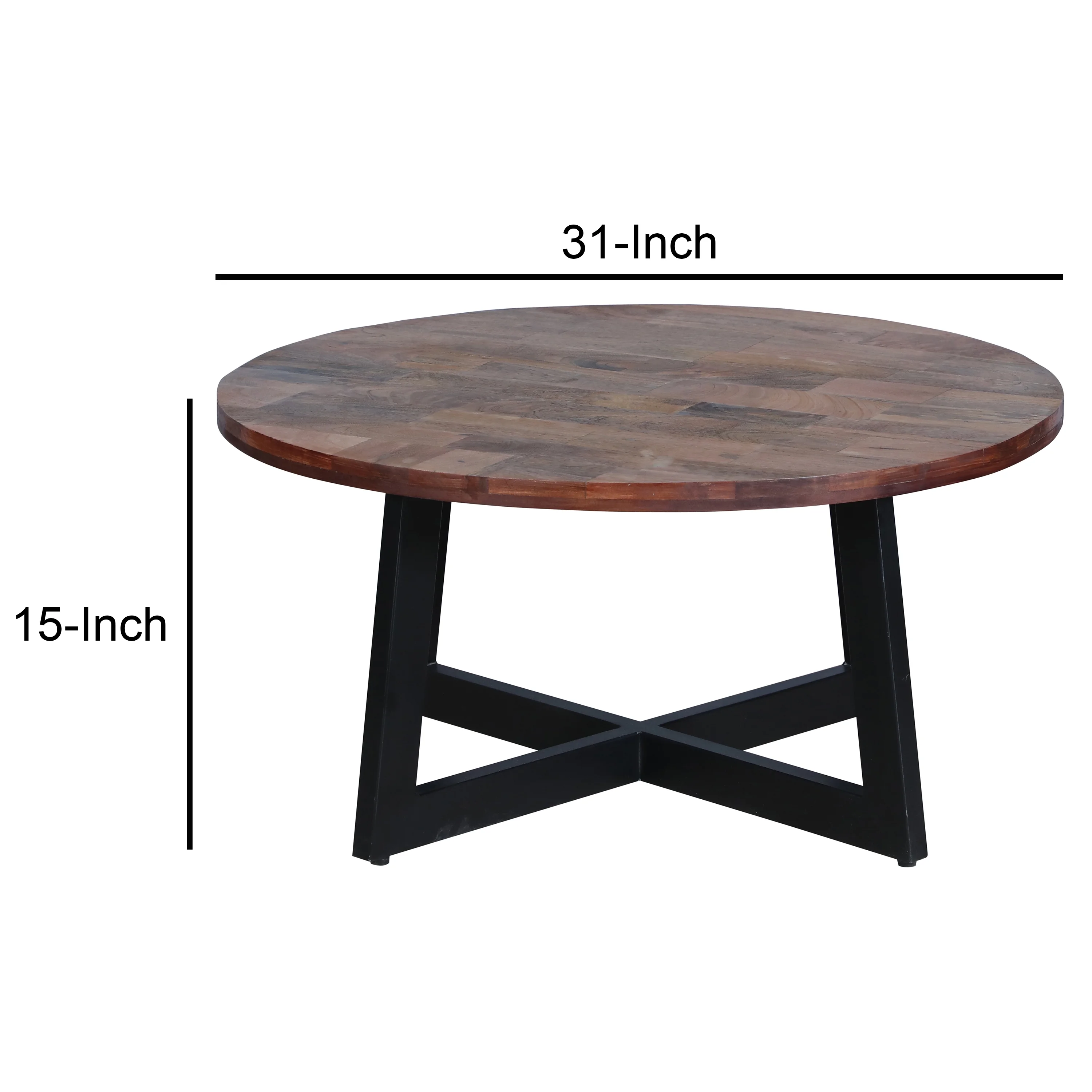 31 Inch Round Mango Wood Farmhouse Coffee Table, X Shape Iron Frame, Brown, Black