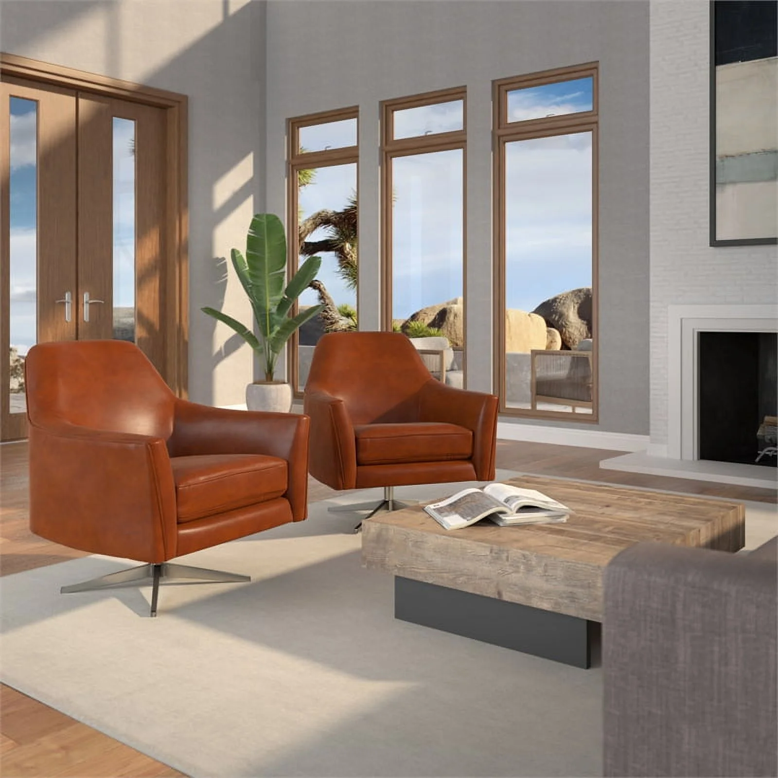 Bowery Hill Mid-Century Faux Leather Swivel Armchair in Caramel Brown