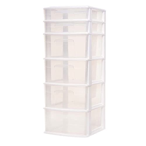 HOMZ Drawer Tower, 6-Tier Clear Plastic Storage Organizer Cart, White Frame - Heavy-Duty Organizing Drawers for Home, Bedroom, and Closet Organization