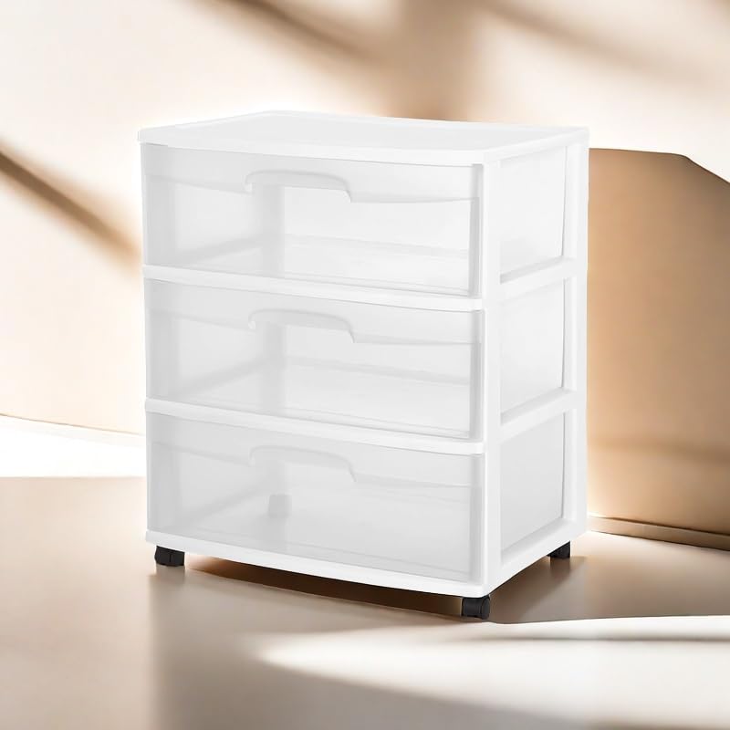 Medium Rolling Plastic Storage Drawer Cart with 3 Clear Drawers – Versatile Organizer and Plastic Storage Shelves for Home Office, White