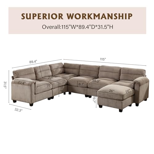 EBELLO Modular Sectional Corduroy Sofa Set, L Shaped Sofa Couch with Ottoman Chaise, 6 Seater Home Furniture Set for Living Room, Meeting Room, Grey