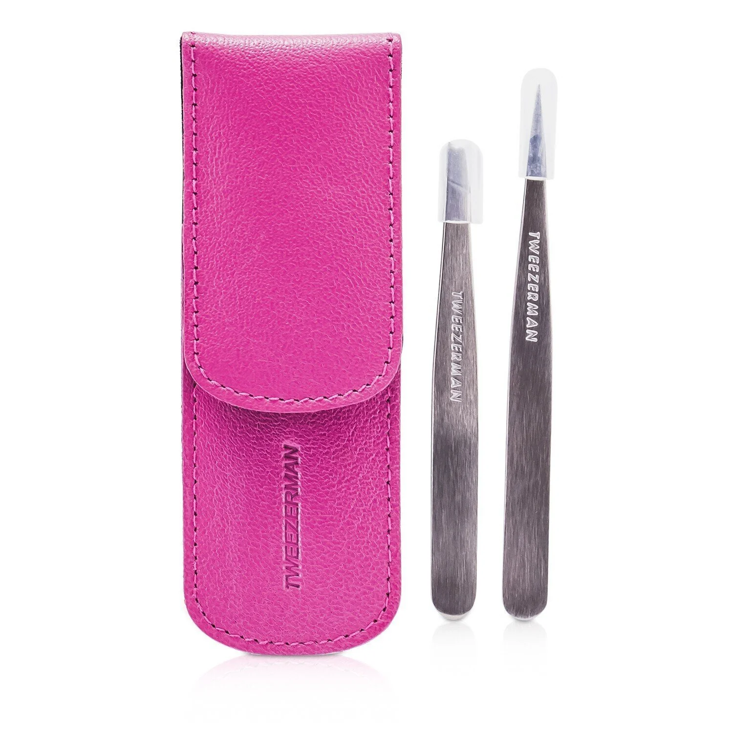 Tweezerman Petite Tweeze Set: Slant Tweezer + Point Tweezer - (Regency Finish w/ Silver Leather Case)  2pcs