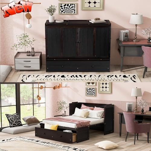 Harper & Bright Designs Full Murphy Bed with USB Charging Station and Large Drawer, Wooden Full Size Bed Wall Bed with Storage, Cube Cabinet Bed for Home Office Guest Room Bedroom,Espresso