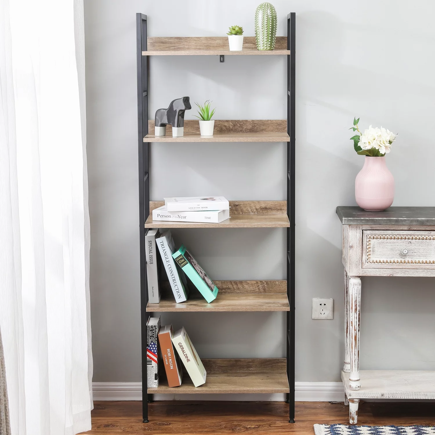 LuxenHome Brown Wood Metal Frame 5-Shelf Bookcase