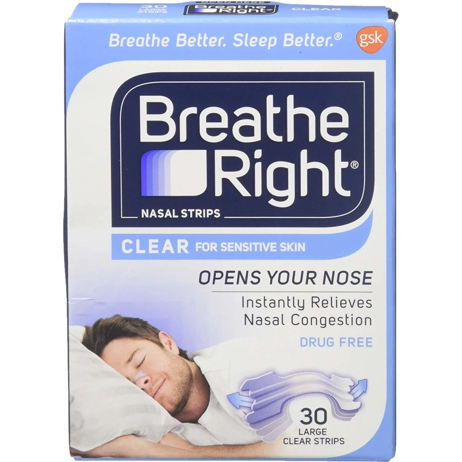 2 Pack Breathe Right Nasal Strips For Sensitive Skin - 30 Large Clear Strips Ea