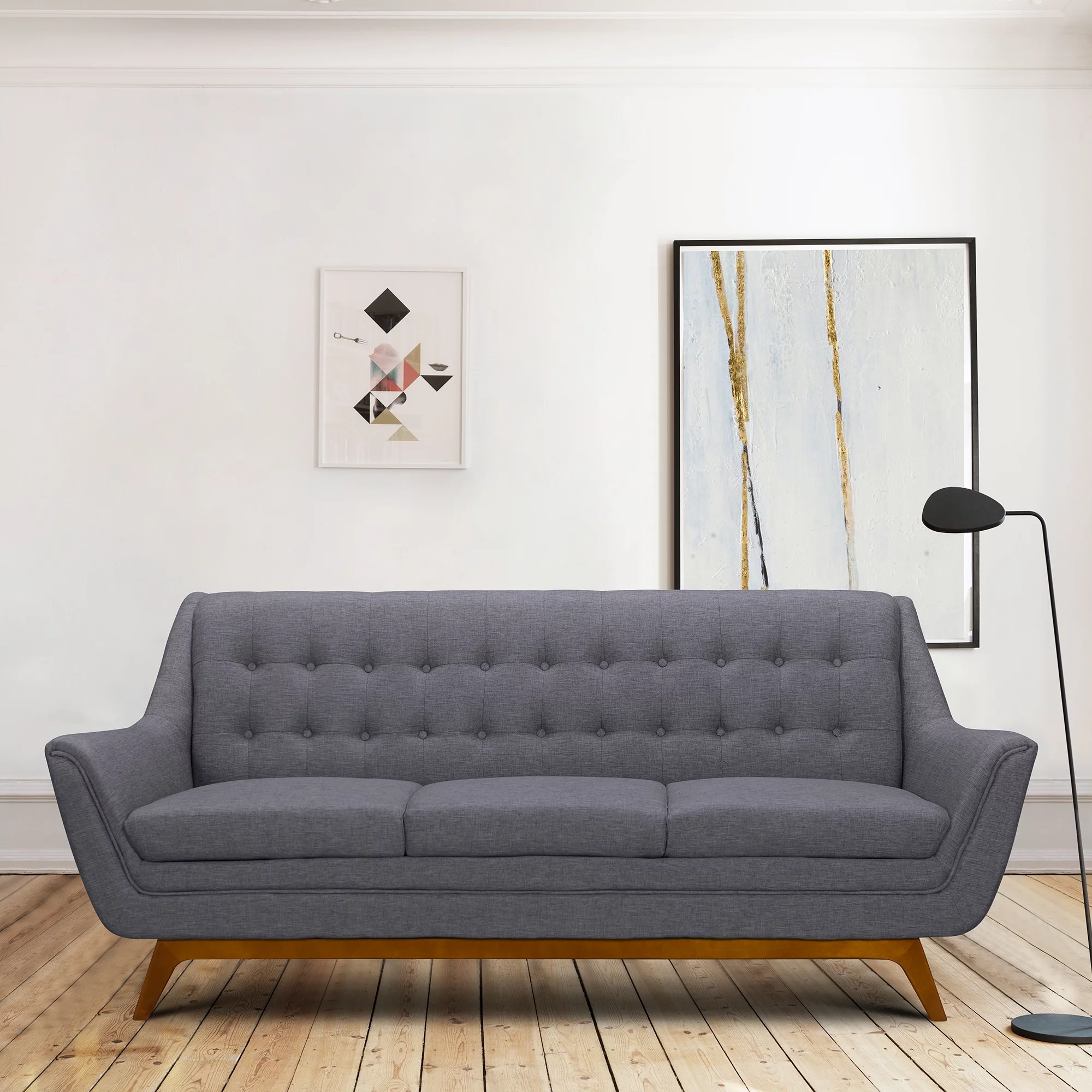 Armen Living Janson Mid-Century Sofa in Champagne Wood Finish/Dark Grey Fabric