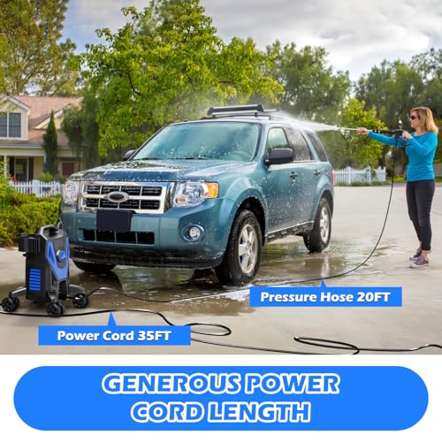 Electric Pressure Washer with Anti-Tipping, 35FT Power Cord, Cleaning Machine with Foam Cannon for Cars Fences Driveways Patios Home Cleaning Blue