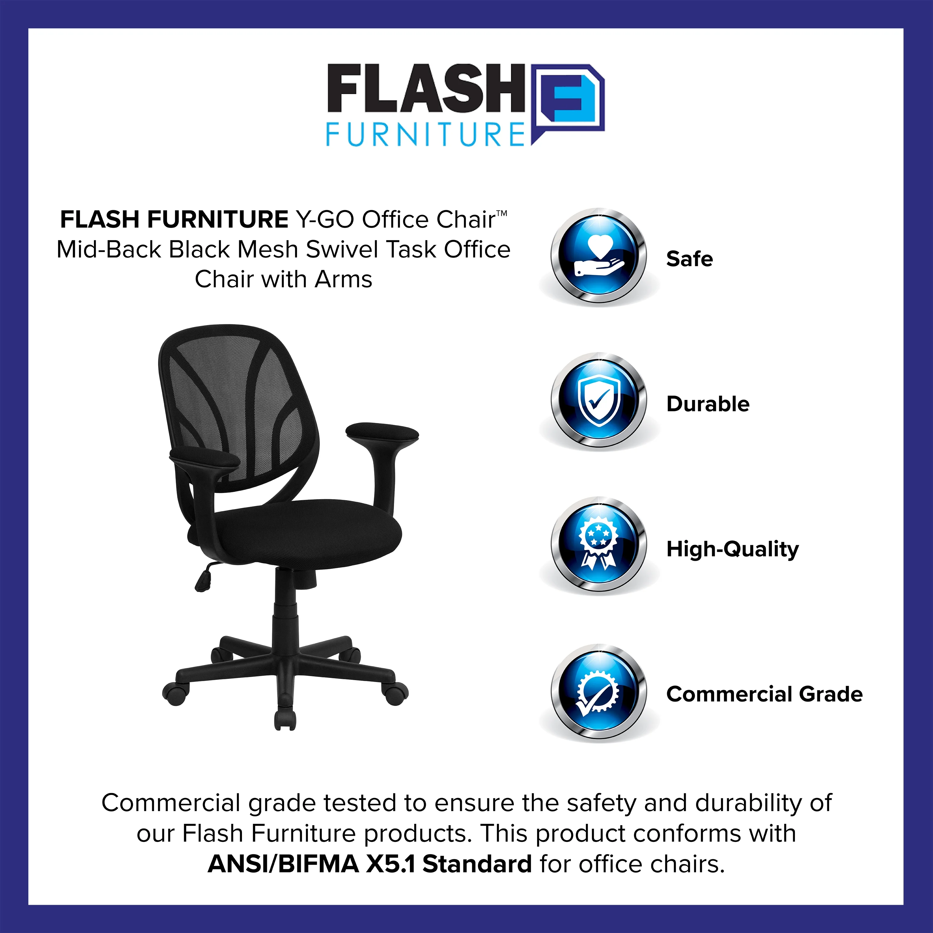 Flash Furniture Y-GO Office Chair™ Mid-Back Black Mesh Swivel Task Office Chair with Arms