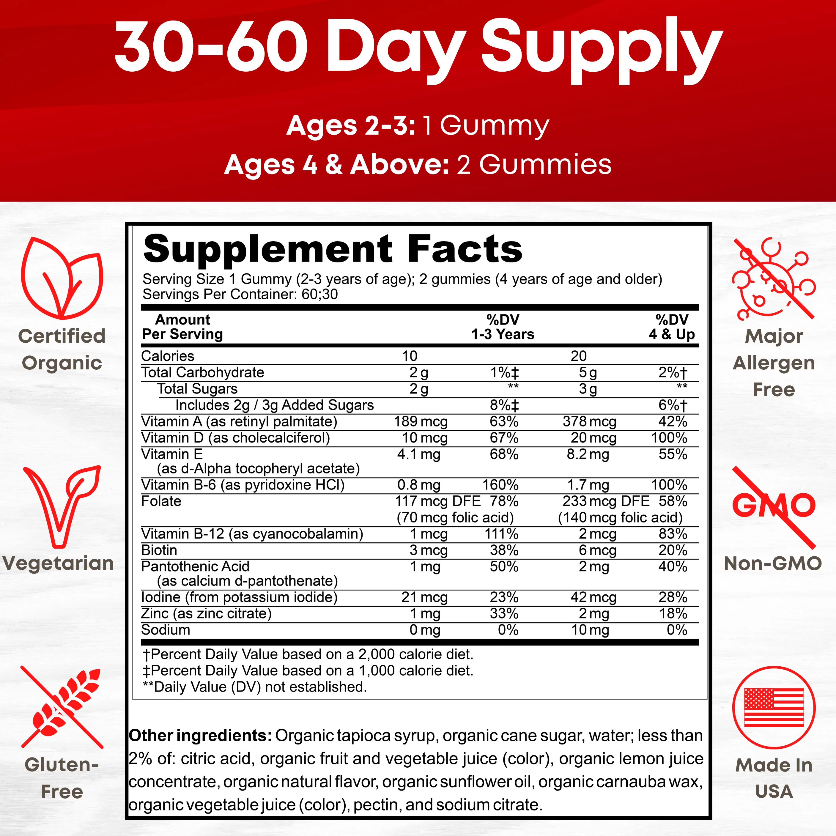 USDA Organic Kids multivitamins 30-60 Day Supply, Daily Kids Multivitamin Gummies with Vitamin C, D, A, E, B6, B12, Biotin, Zinc. Organic Kids Vitamins for Immune Support and Overall Health. 60 Count