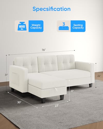76 Inch L Shaped Sofa, Corduroy Convertible Sectional Couch with Reversible Storage Ottoman, Modern 3 Seat Sectional Sofa for Living Room, Apartment and Small Space