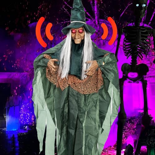 Halloween Decorations Outdoor Halloween Animatronics Motion Activated 6Ft Creepy Hanging Witch with Light-up Eyes Haunted House Prop Décor Indoor 2025 Update
