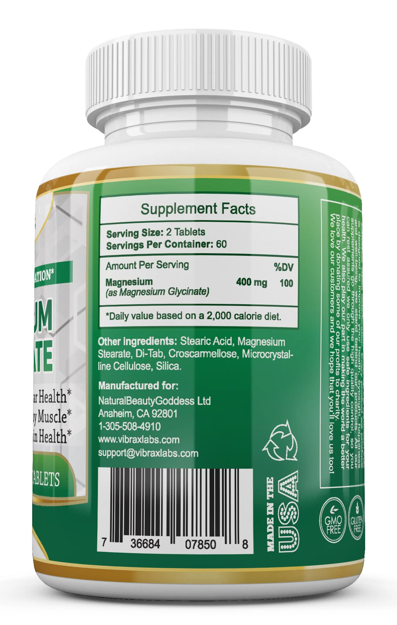 VibraxLabs Magnesium Glycinate Supplement-400mg, 120 Tablets for Men & Women