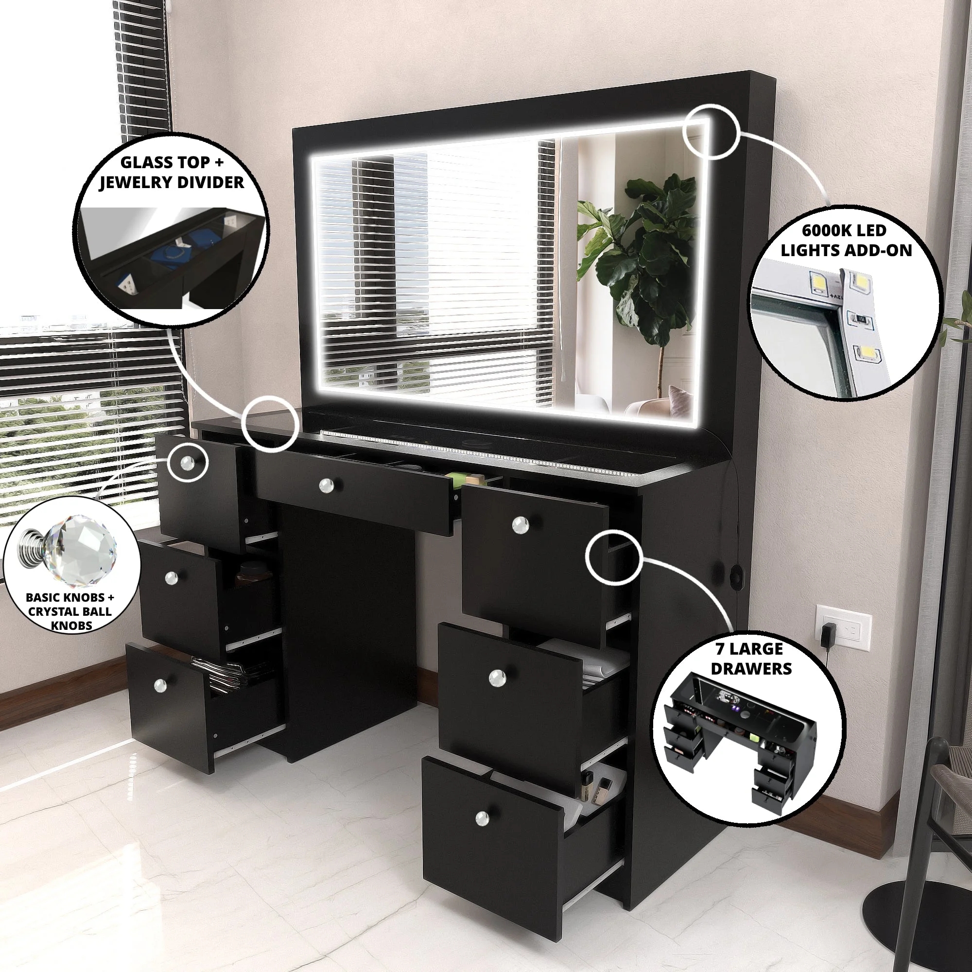 Boahaus Seraphine Modern Black Vanity Desk with LED Lights, 7 Drawers, Mirror, Crystal Ball Knobs, for Bedroom