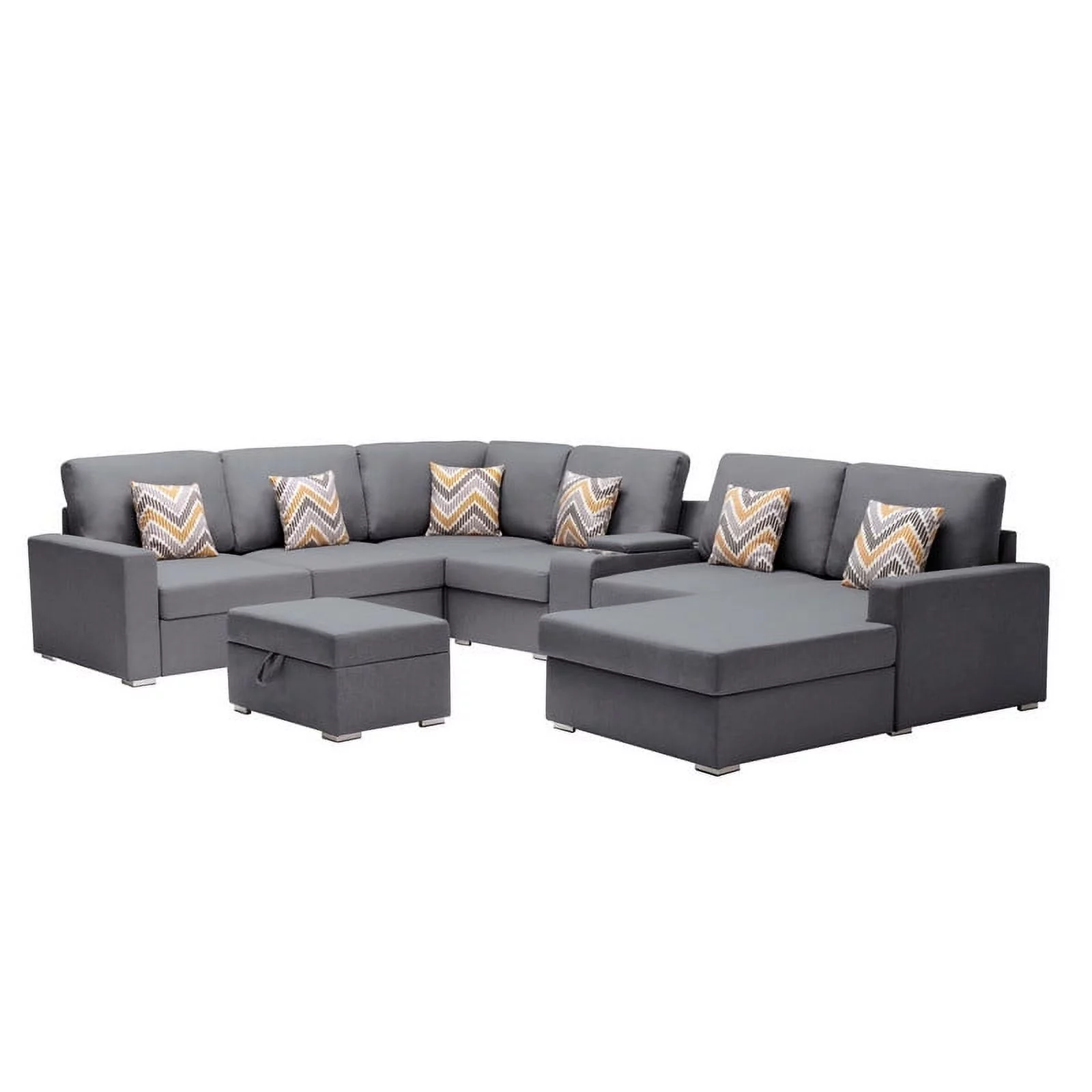 Nolan Gray Linen Fabric 8PcReversible Chaise Sectional USB Port Storage Console