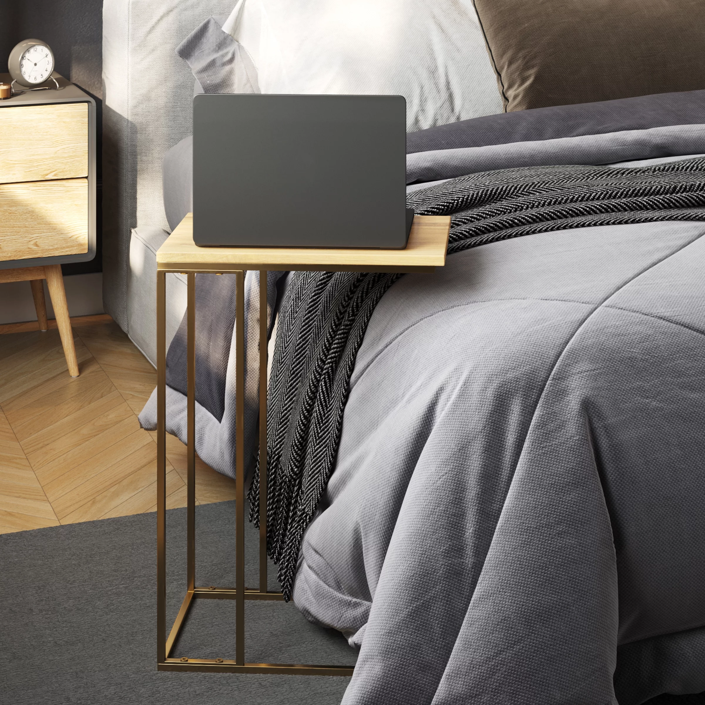 Lavish Home - C-Shaped Mango Wood End Table with Gold Iron Frame