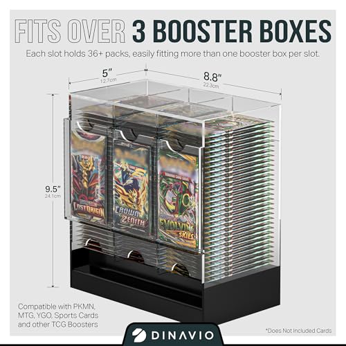 3-Slot Booster Pack Dispenser with Black Base - Fits 120 Booster Packs for Dispensing - Compatible with TCG Trading Card Boosters and Sports Card Boosters - 4mm Acrylic Stackable
