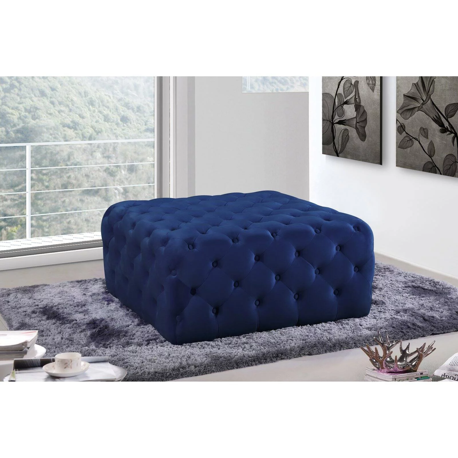 Meridian Furniture Ariel Button Tufted Black Velvet Ottoman and Bench