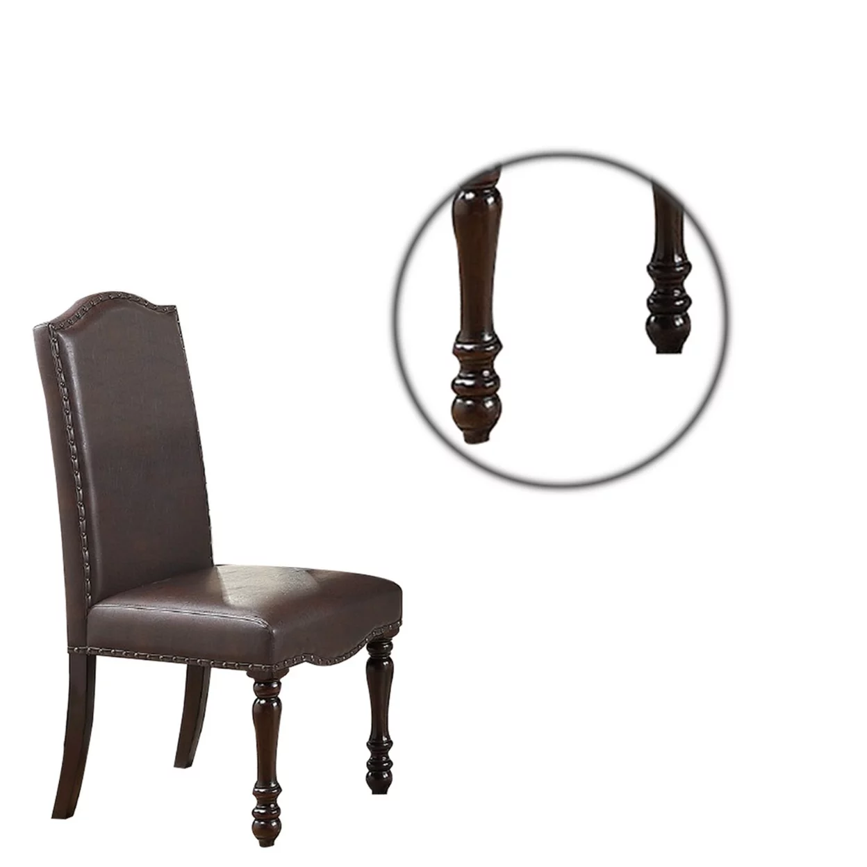 Nailhead Trim Faux Leather Dining Chair with Turned Legs, Set of 2, Brown- Saltoro Sherpi