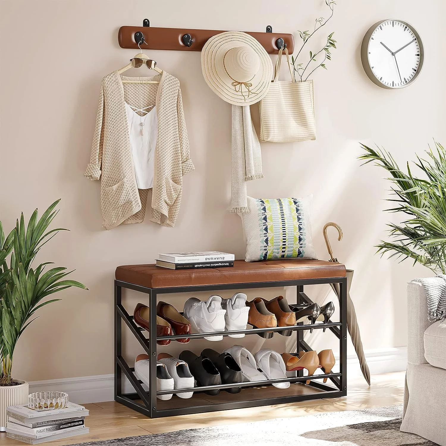 Entryway Bench with Storage, Shoe Rack Bench with Shoe Storage Bench for Entryway, 2 in 1 Mud Room Organization and Storage Bench with Storage and Seating,Faux Leather Hall Tree with 4 Hooks Brown 41