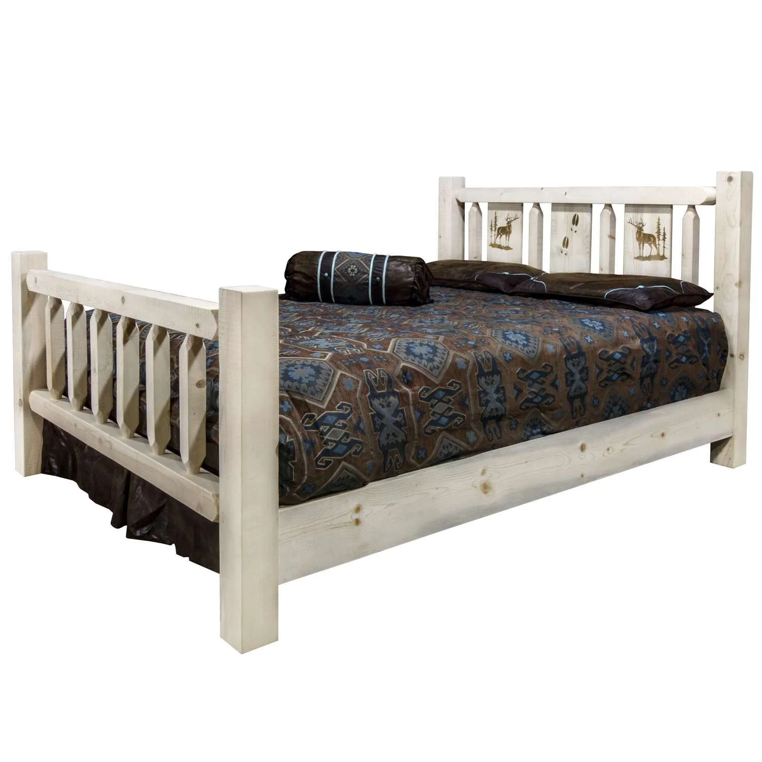 Homestead Collection Queen Bed w/ Laser Engraved Elk Design, Clear Lacquer Finish