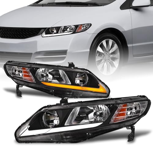 642167827320 Compatible With 2006-2011 Honda Civic 4 Door Sedan Switchback Sequential LED Strip Bar Headlights With Signal Amber - Black