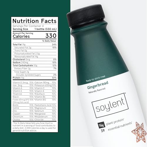 Soylent Complete Meal Replacement Shake, Gingerbread, 16g Complete Protein, Ready-to-Drink Plant Based Protein Drink, 1g Sugar, 11oz (12 Pack)