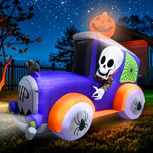 Halloween Inflatables Monster Truck Outdoor Decoration 8ft Giant Car with Skull Skeleton Pumpkin & Spider Decorations Blow Up Halloween Decor for Trick or Treat Halloween Party, Lawn, Garden, Porch