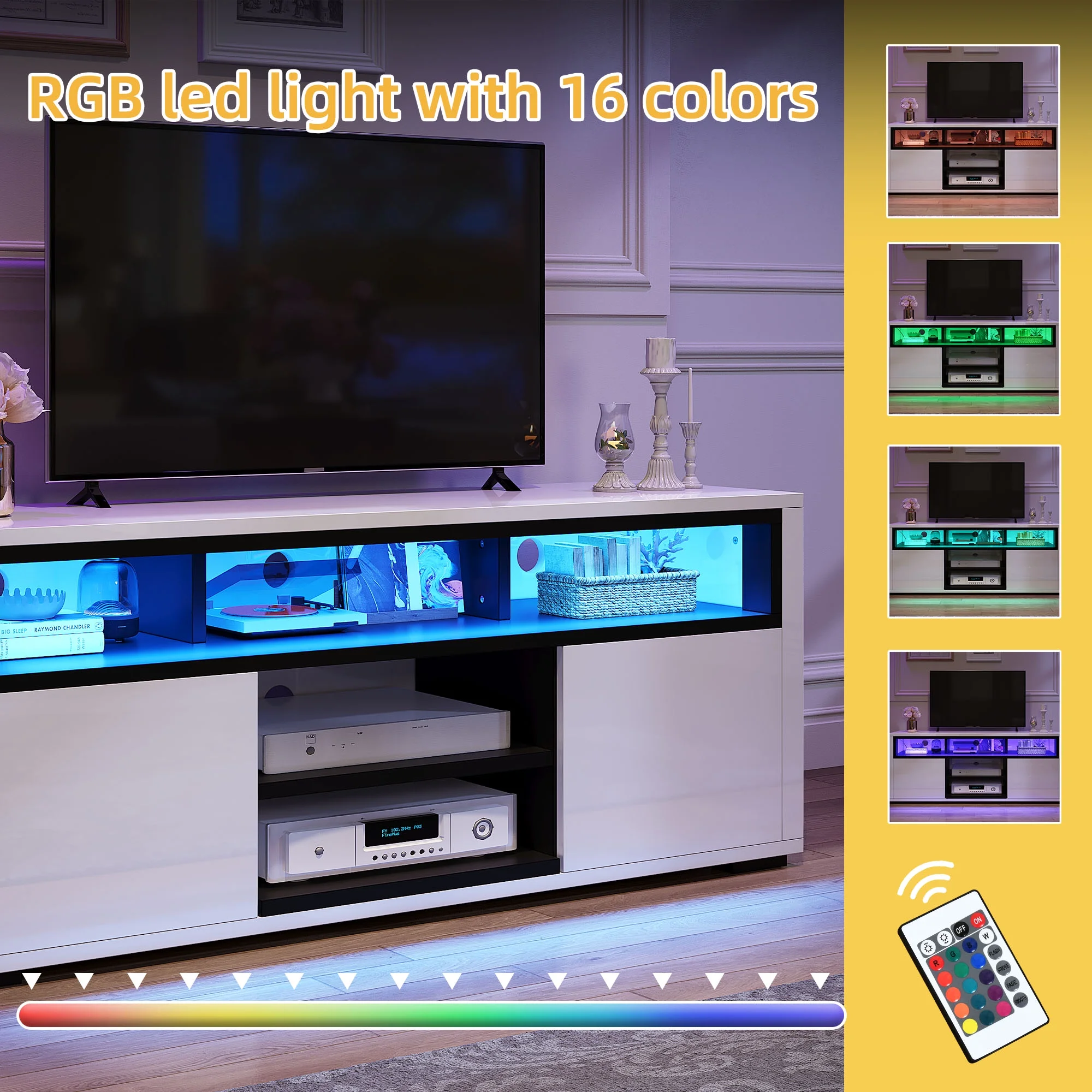 DWVO Modern TV Stand with Open Shelf Storage Cabinet High Gloss TV Stand with LED Ambient Lights for 62 inch TV, White