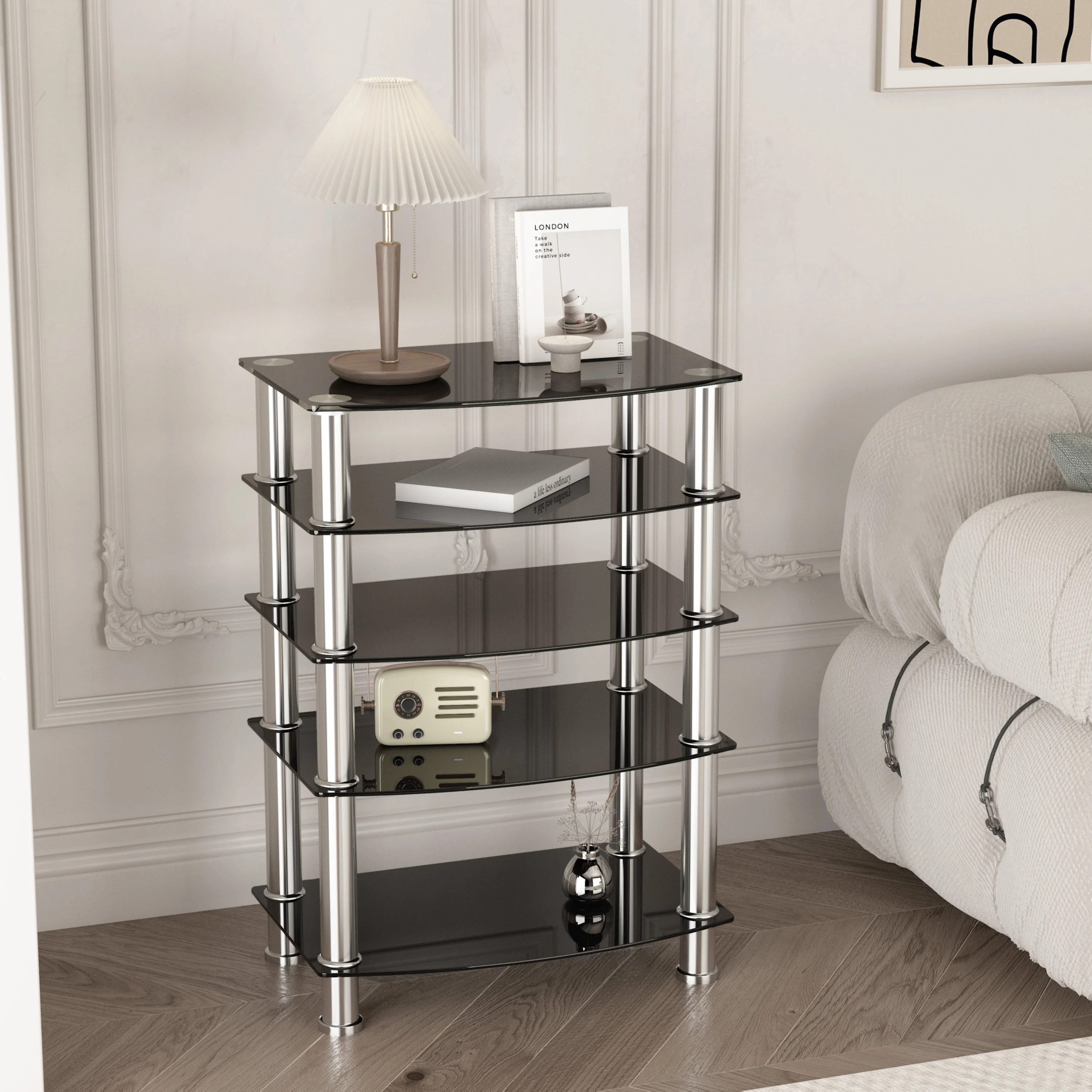 5-Tier Tempered Glass Living Room Side Table with Stainless Steel Frame- Black