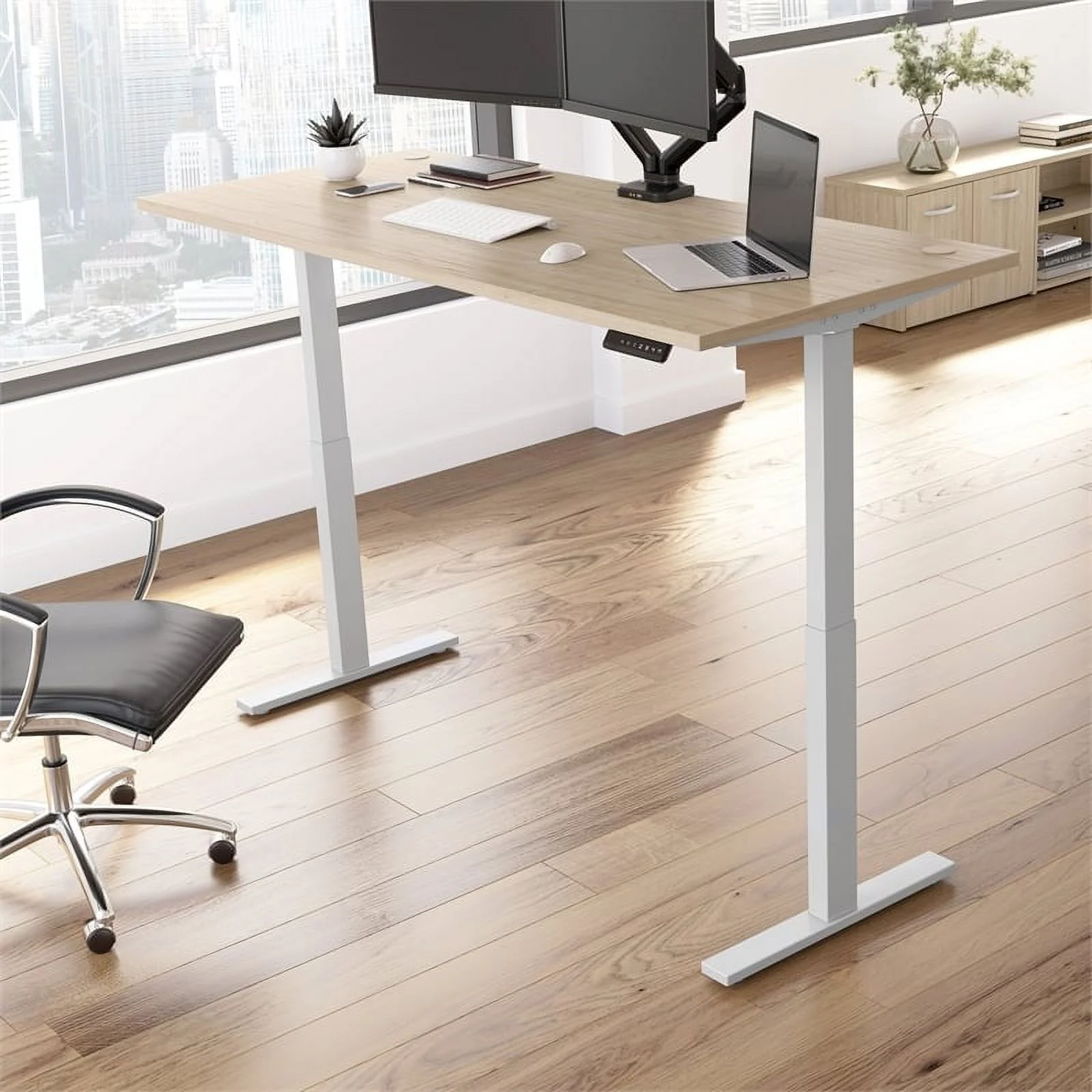 Bowery Hill 48W Adjustable Standing Desk in Natural Elm - Engineered Wood