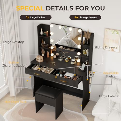 Vanity Desk with LED Lighted Mirror, Makeup Vanity with 3 Adjustable Lights, 2 Large Drawers and 4 Open Shelves, White Vanity with Storage Stool for Bedroom