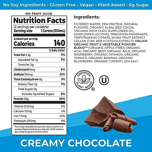 Orgain Organic Vegan Protein Shake, Creamy Chocolate - 20g Plant Based Protein, Ready to Drink, Fruits & Vegetables, Gluten Free, Kosher, No Soy or Dairy Ingredients, 11 Fl Oz (Pack of 12)