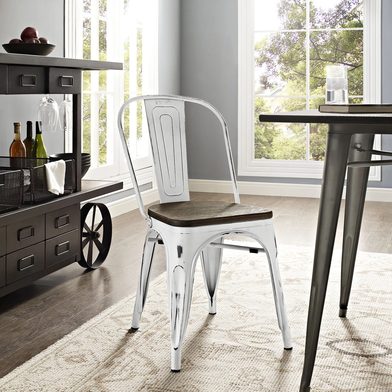 Modern Contemporary Urban Design Industrial Distressed Antique Vintage Style Kitchen Room Dining Chair, White, Metal