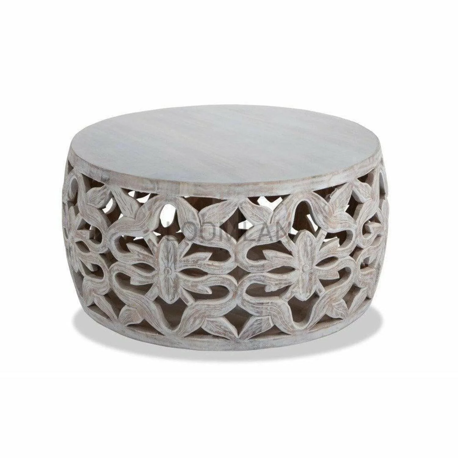 32 White Wash Drum Coffee Table Hand Carved Mango Wood