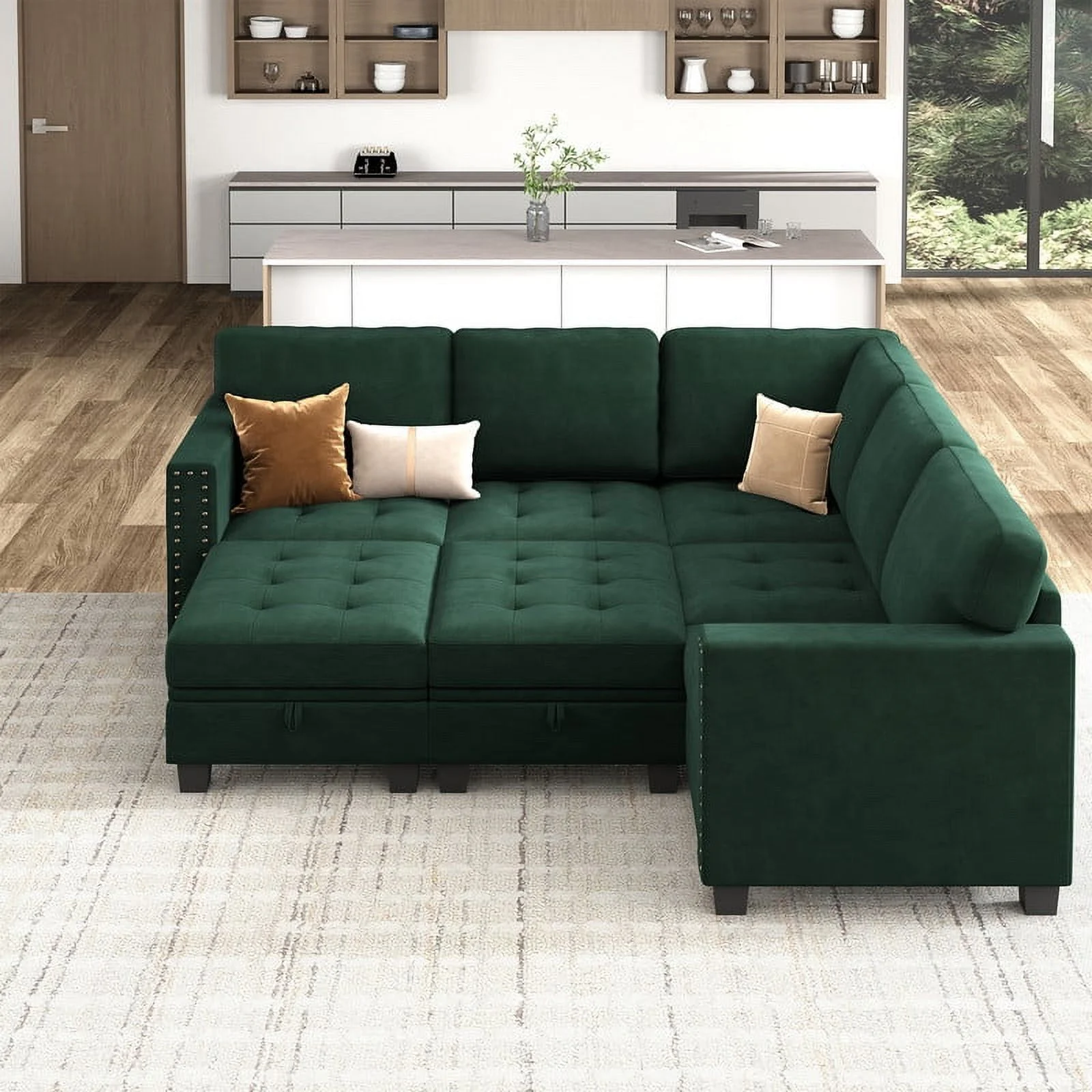 HONBAY Convertible Oversized Sleeper Sectional Sofa Sets with Storage for Bedroom, Green