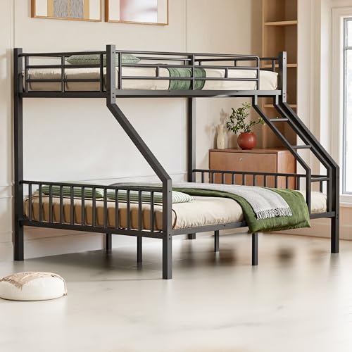 Full Over Full Bunk Bed with Trundle, Heavy Duty Metal Bed Frame with Full-Length Guardrails & Ladder, 3-in-1 Convertible Full Bunk Bed, Noise-Free, No Box Spring Needed, Black