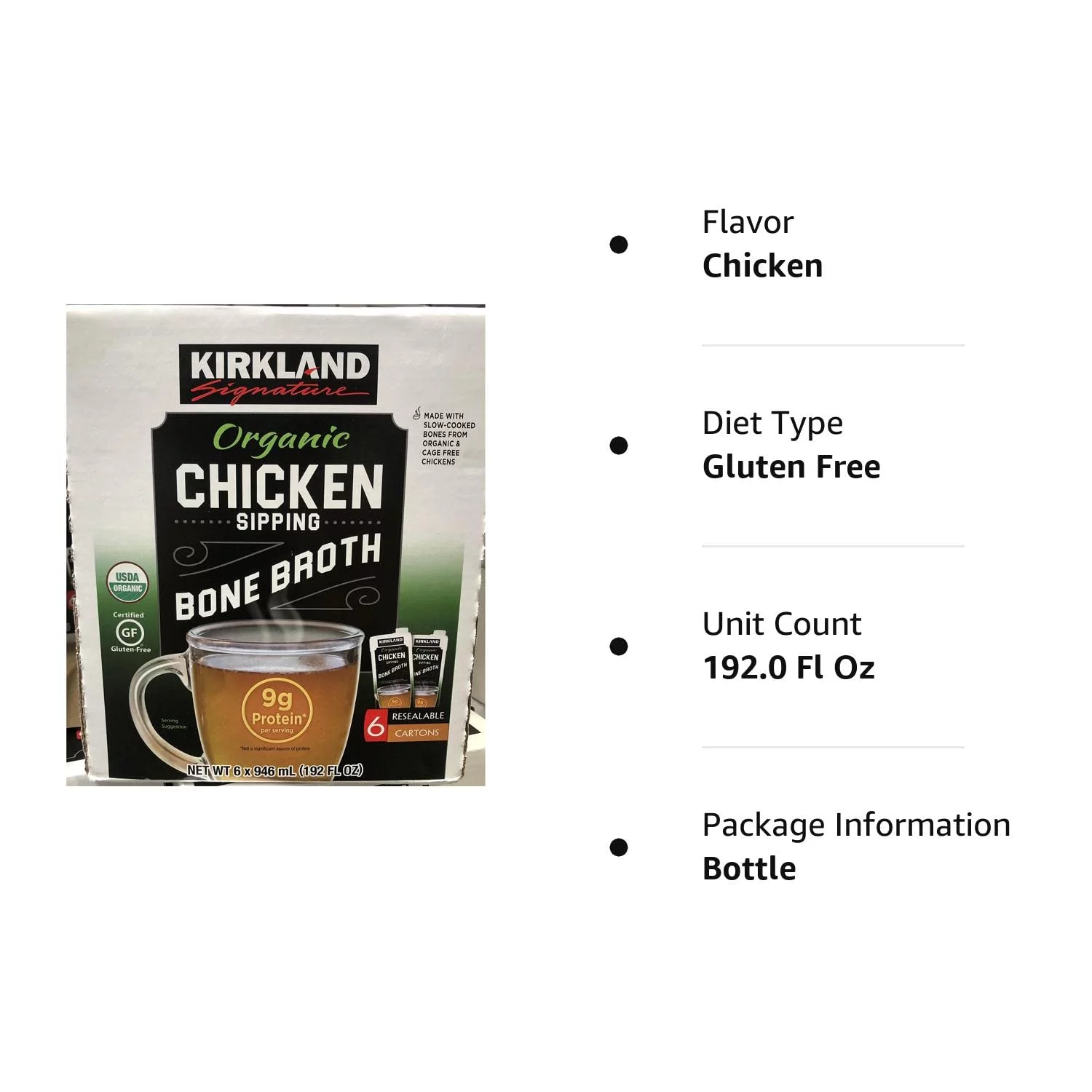 Kirkland Signature Organic Chicken Bone Broth 32 Fluid Ounce (Pack of 6)